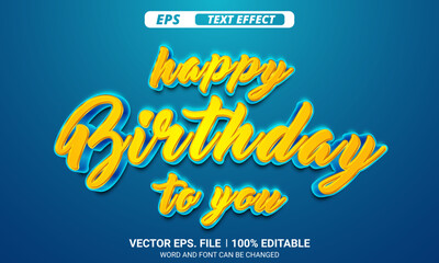 Happy birthday blue and yellow vector text effect on blue background