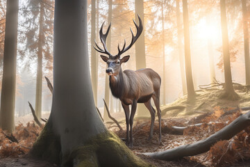 A majestic deer with antlers standing proudly in the forest at dawn. Created with Generative AI Technology