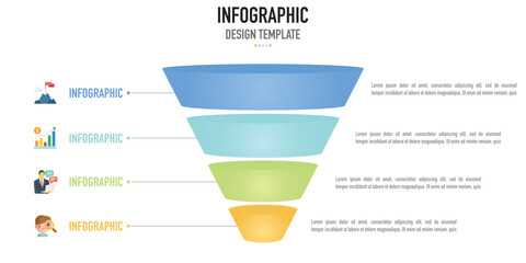 Funnel, pyramid infographic business template or element with 4 connected step or process, icons and 3D layer on white background for slide or presentation, simple, modern, minimal style, timeline