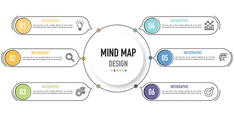 Mind map infographic business template or element as a vector including 6 step or process with colorful circle label and icons on white background for sale slide, presentation, minimal, modern style