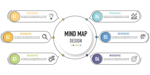 Fotobehang Mind map infographic business template or element as a vector including 6 step or process with colorful circle label and icons on white background for sale slide, presentation, minimal, modern style © Kattika