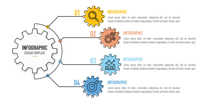 Cog Wheel Mind Map Infographic Template Or Element Including 4 Step Or Process With Colorful Engineer Symbol On White Background For Slide Or Presentation, Simple, Minimal, Modern Style, Thin Line, 3D