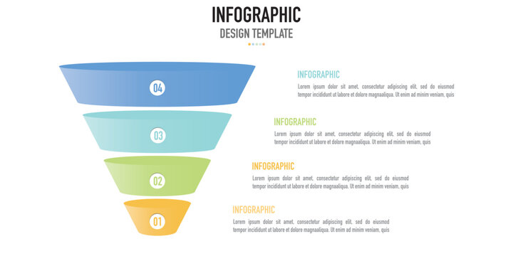 Pyramid or funnel infographic template or element for business presentation or slide, including 4 step or process with colorful layer, sale, simple, minimal, modern style, 3D, roadmap, timeline