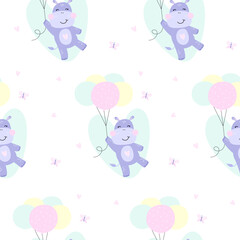 Sealess pattern with cute hippo flying on  balloons. Vector Illustration