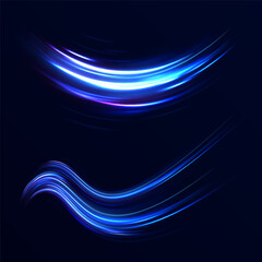 Blue glowing shiny lines effect vector background. Luminous white lines of speed. Light glowing effect. Light trail wave, fire path trace line and incandescence curve twirl.
