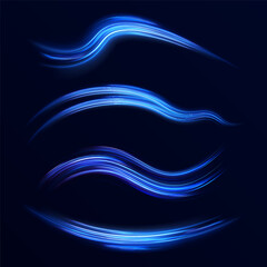 Blue glowing shiny lines effect vector background. Luminous white lines of speed. Light glowing effect. Light trail wave, fire path trace line and incandescence curve twirl.
