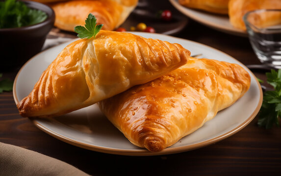 Assorted Burekas with a rich, flaky crust, beautifully arranged on a plate with garnishes in a dining setting.