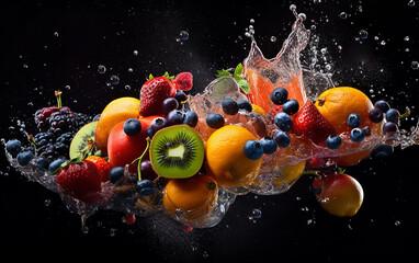 Obraz na płótnie Canvas Dynamic splash of water with an array of fruits including apples, blueberries, and kiwi, set against a black background.
