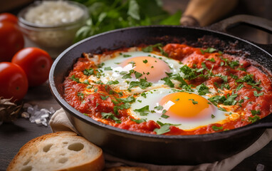 Shakshuka dish in a skillet with sunlit tomatoes and herbs; eggs poached in a spicy tomato sauce alongside fresh bread.