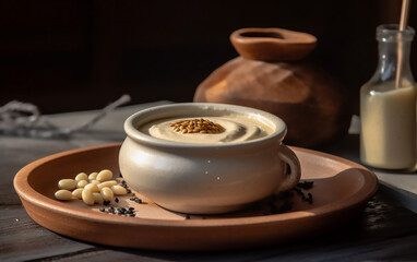 Obraz na płótnie Canvas Traditional tahini served in a ceramic bowl, topped with a sprinkle of seasoning, surrounded by raw sesame seeds and a rustic milk jug.