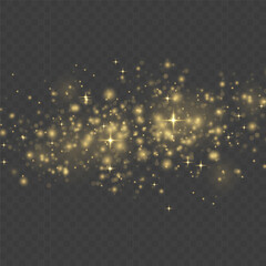 Fine, shiny dust bokeh particles fall off slightly. Blur sparks and golden stars shine with special light. Blurred lights isolated on transparent background. Christmas concept. Vector illustration.