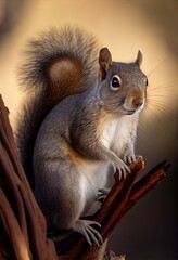 Gray squirrel sitting on a tree branch, generative ai