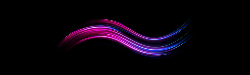 Dynamic composition of bright lines forming lights path of speed movement, futuristic dark background, graphic design element