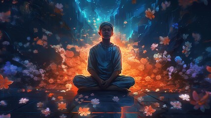 Meditating man in front of flowers Generative AI