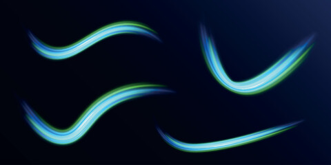 Dynamic composition of bright lines forming lights path of speed movement, futuristic dark background, graphic design element