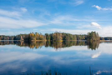 Autumn view of Liesjarvi National Park and Lake, Tammela, Finland