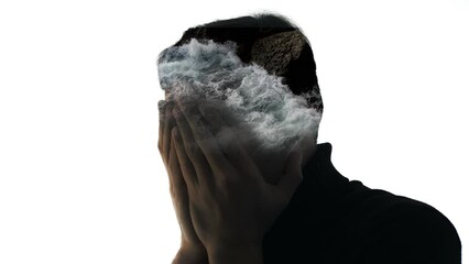 Computer graphics and double exposure. A translucent man covers his face with his palms and a storm rages in his head. Anxiety concept. Visualization of destructive grief and despair