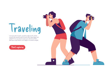Fototapeta na wymiar Vector illustration of a couple of tourists travelers with backpacks taking photo