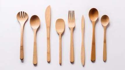 Top view and flat lay of bamboo wooden cutlery isolated on white background Generative AI - obrazy, fototapety, plakaty
