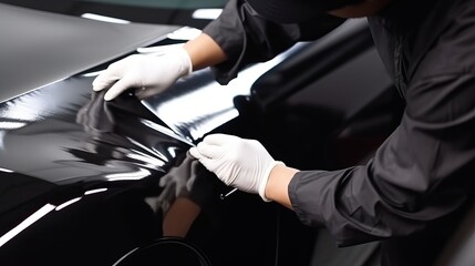 The master in the car service applies a protective armor film to the car body Generative AI - obrazy, fototapety, plakaty