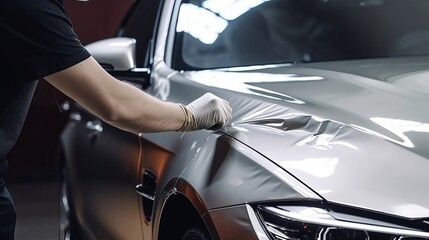 The master in the car service applies a protective armor film to the car body Generative AI