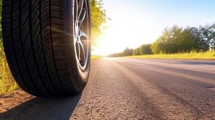 summer tires on the asphalt road in the sun Generative AI