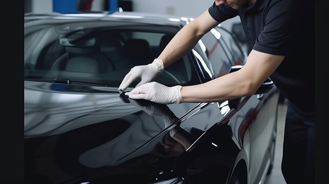 The master in the car service applies a protective armor film to the car body Generative AI
