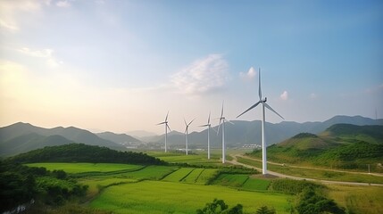 Wind turbine farm power generator in beautiful nature landscape for production of renewable green energy is friendly industry to environment Generative AI