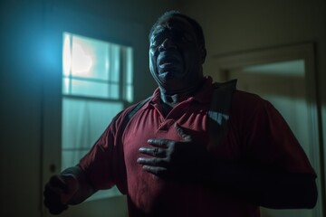 Elder black man is experiencing ischemic heart disease in dim lit room - obrazy, fototapety, plakaty