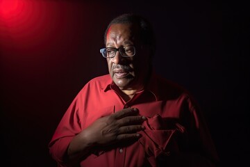 Elder black man is experiencing ischemic heart disease in dim lit room
