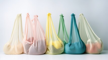 A variety of colorful reusable shopping bags. Zero waste concept. No plastic. Eco friendly mesh bags Generative AI