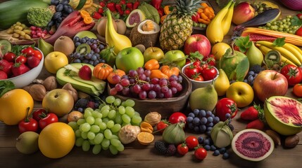 Naklejka na ściany i meble Different colorful fruits and vegetables all over the table Generative AI