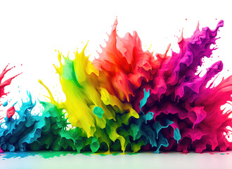 Fluid motion flow explosion .Curved wave colorful pattern with paint drops on white background.