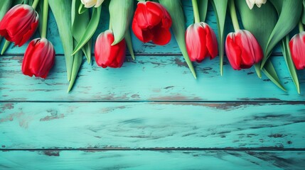 Fresh spring red tulips flowers on turquoise painted wooden planks Generative AI