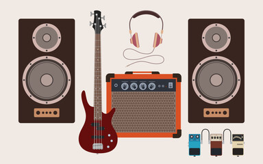 Music vector illustration design. Sound speakers, bass guitar, amplifier, guitar pedals, headphones in flat style. Isolated color illustration.