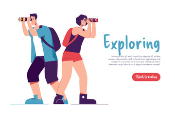 Fototapeta na wymiar Vector illustration of a couple of tourists travelers with backpack looking through binocular