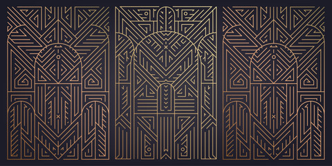 Vector set of arch art deco line borders, covers. Gold frames, decorative geometric labels. Linear ornament composition, vintage style. Use for packaging, branding, decoration