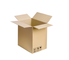 Open cardboard box isolated on white background. Open kraft box mockup