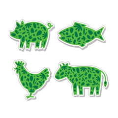 Plant-based meat and protein stickers. Green silhouette of animals (pig, cow, chicken, fish) with leaves inside. Vegan and vegetable diet symbols. Sustainable climate cruelty free eating.