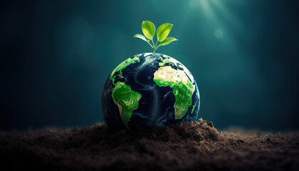 Green planet earth in the soil, with plant above it blue backgroud