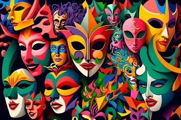 Foto op Canvas luxurious carnival masks with feathers of different colors in Venetian style. Abstract blurred background, gold dust, carnival holiday. Generative AI. © VICHIZH