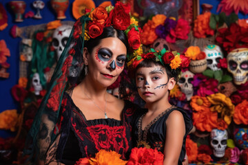 Fototapeta na wymiar Woman and her daughter in costume for Day of the Dead festival. Generative AI.
