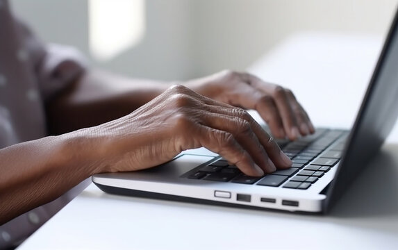 Black senior older hands using laptop. Generative AI