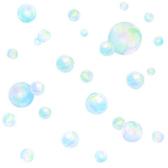 水彩のシャボン玉が飛ぶ風景。背景透過のイラスト。