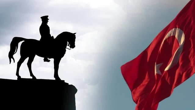 Turkish Flag and monument of Ataturk. 19 may or 23 april concept video. 19 mayis Genclik ve Spor Bayrami or 19 May Commemoration of Ataturk, Youth and Sports Day.