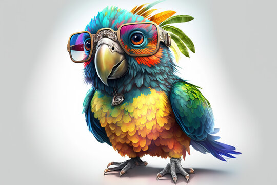 Cartoon colorful parrot with sunglasses on white background. Generative ai