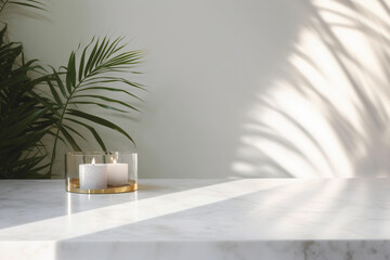 Modern minimal empty white marble stone counter table top, palm tree in sunlight, leaf shadow on concrete wall background for luxury organic cosmetic, skin care, beauty treatment product display