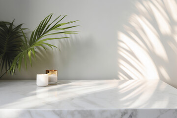 Modern minimal empty white marble stone counter table top, palm tree in sunlight, leaf shadow on...