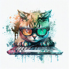 Watercolor artwork cute cat in goggles working as software programmer or hacker, using laptop for gaming or virtual reality exploration. Futuristic whimsical image for tech gadgets or gaming products