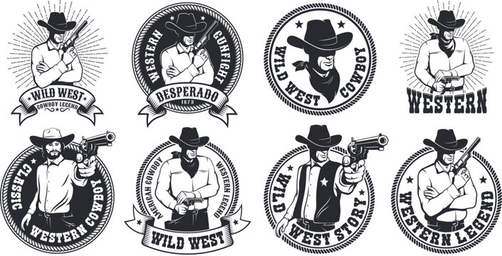 Vintage cowboy logos, or badges, features Wild West-inspired designs with classic Western elements. Cowboy lifestyle emblems. Vector illustration